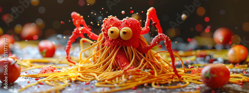 Interpretation of the Pastafari flying spaghetti monster, a whimsical spaghetti-based lifeform evoking both mischief and mystery, dares the observer to indulge in its surreal culinary realm. photo