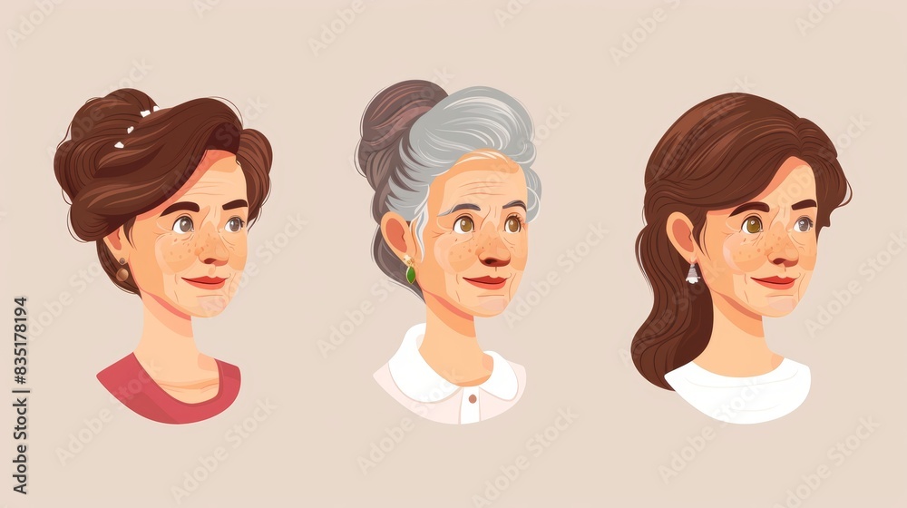 Young Women, Middle Aged Women and Elderly Women. A Portrait of One Woman at Various Ages. Changes in the Face, Skin and Aging Process. Illustration for medical design, beauty, education, healthcare. Young Women, Middle Aged Women and Elderly Women. A Portrait of One Woman at Various Ages. Changes in the Face, Skin and Aging Process. Illustration for medical design, beauty, education, healthcare.
