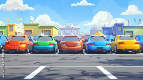 Cartoon vehicles standing on their rears on a parking lot and facing the background with their rear sides showing, modern isolated icons. Cars on a parking lot facing the background with their rear
