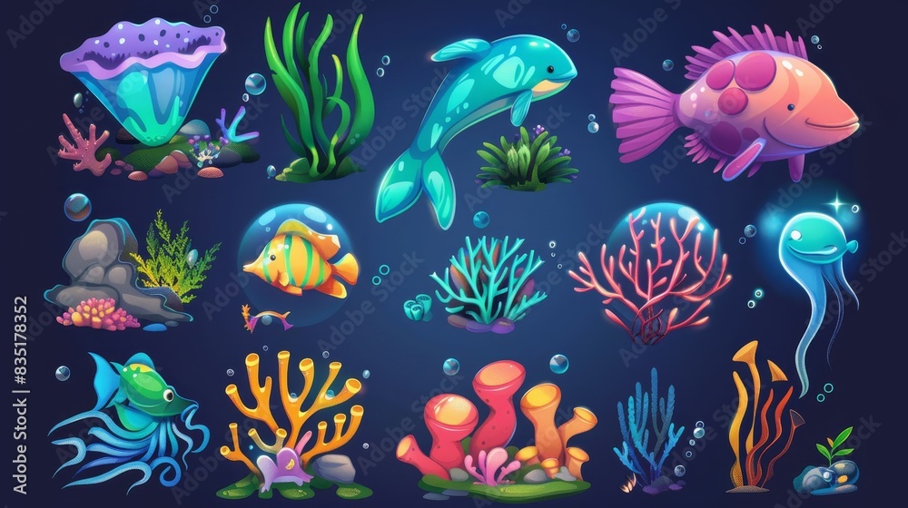 This modern cartoon set features an underwater world, animals, plants, and a cute mermaid. This modern cartoon set features an underwater world, animals, plants, and a cute mermaid.