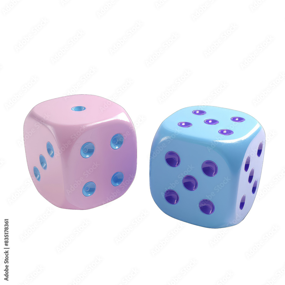 Close-up view of two colorful dice, one pink and one blue, with a white background. Ideal for gaming, luck, and entertainment themes, isolated on a transparent background.