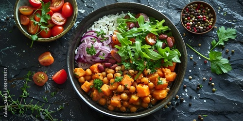 Fototapeta Naklejka Na Ścianę i Meble -  Sustainable Eating for Earth Month: Vegetarian Dish Photo. Concept Vegetarian Recipes, Earth-Friendly Meals, Sustainable Eating, Plant-Based Lifestyle, Food Photography