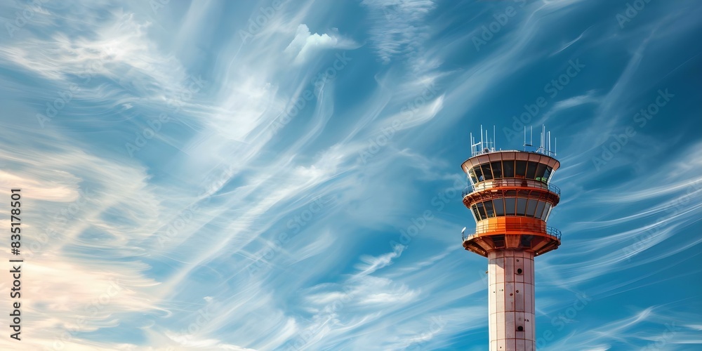 Air traffic control tower against blue sky at a low angle. Concept Airport Architecture, Aviation Photography, Blue Sky Background Air traffic control tower against blue sky at a low angle. Concept Airport Architecture, Aviation Photography, Blue Sky Background
