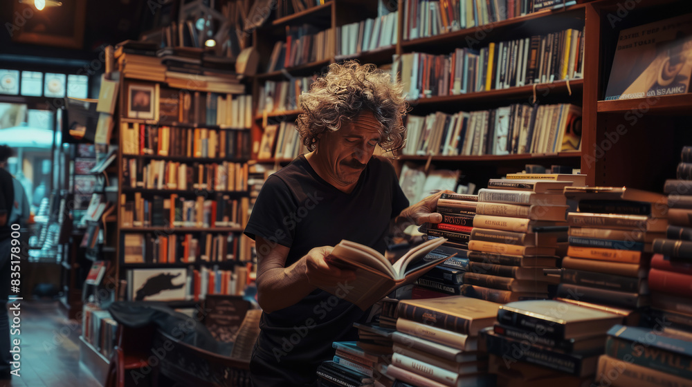 A middle-aged man is enthusiastically studying books on the shelves of an atmospheric bookstore A middle-aged man is enthusiastically studying books on the shelves of an atmospheric bookstore