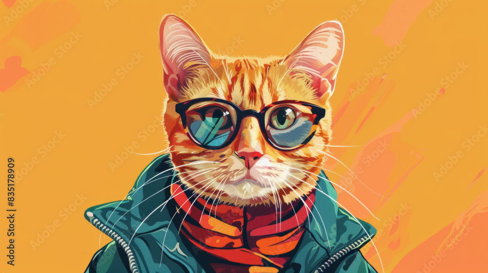 Colorful Illustration of Ginger Tabby Cat Wearing Glasses and a Stylish Jacket on a Vibrant Background. Colorful Illustration of Ginger Tabby Cat Wearing Glasses and a Stylish Jacket on a Vibrant Background.