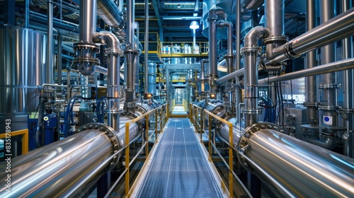 A large industrial building with many tanks and pipes