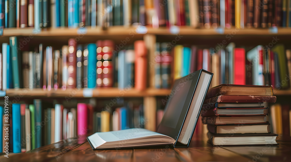 A book is open on a table with a yellow book on top of it A book is open on a table with a yellow book on top of it