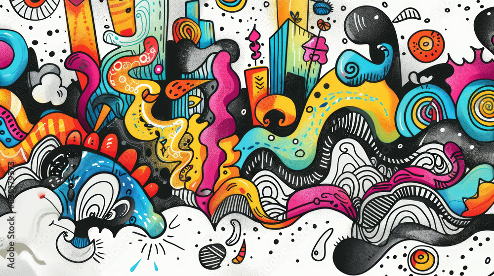 Colorful Abstract Doodle Art - Vibrant and Playful Urban Illustration with Dynamic Patterns and Whimsical Elements. Beautiful background or wallpaper. Colorful Abstract Doodle Art - Vibrant and Playful Urban Illustration with Dynamic Patterns and Whimsical Elements. Beautiful background or wallpaper.