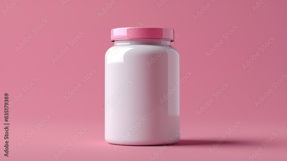 A clear jar with a pink lid sits on a pink background A clear jar with a pink lid sits on a pink background