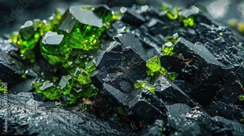 Macro photography of green Uvarovite crystals on raw Chromite stone captured on black granite from the Ural Mountains photo