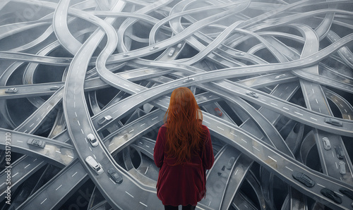 A woman with long red hair stands before a complex, tangled network of highways, symbolizing the theme of indecision and navigating life's choices photo