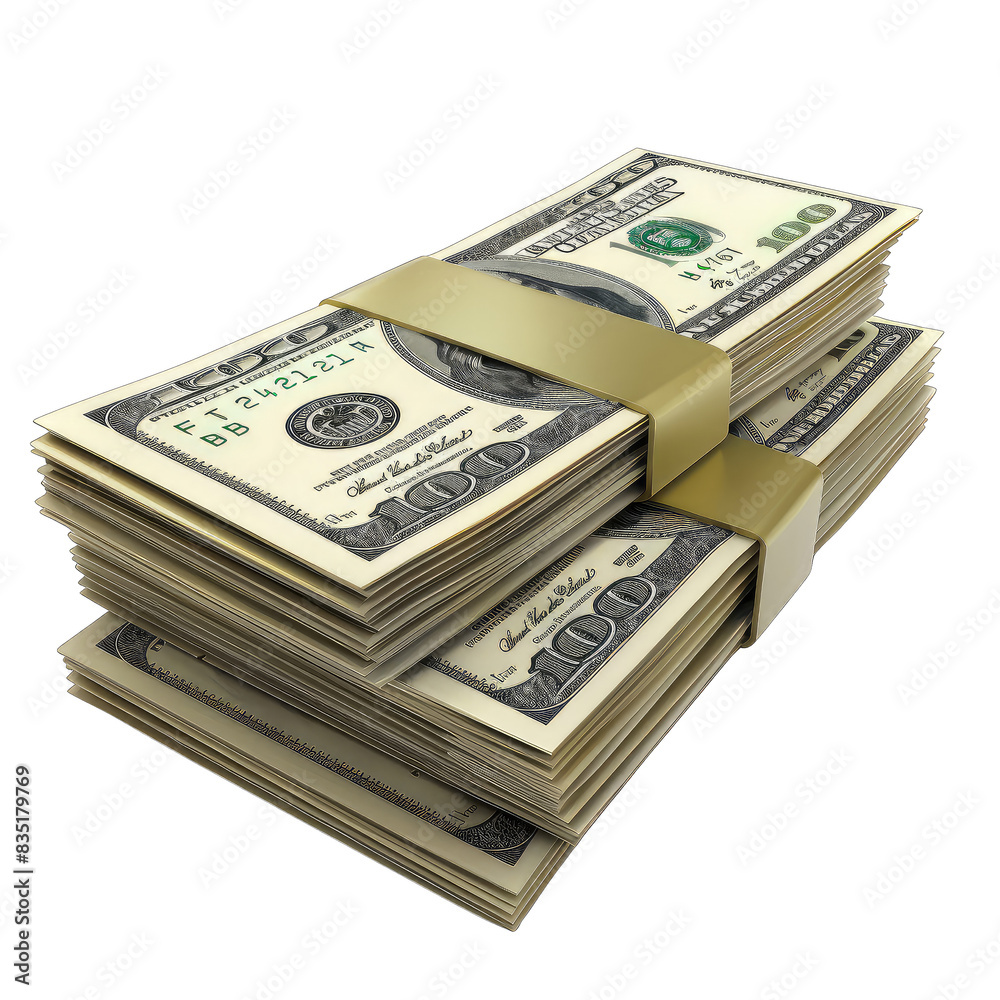 Stack of hundred dollar bills bound by rubber bands, symbolizing wealth, finance, and currency, isolated on a transparent background. Stack of hundred dollar bills bound by rubber bands, symbolizing wealth, finance, and currency, isolated on a transparent background.