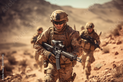 soldiers in uniform during a training exercise in a desert environment