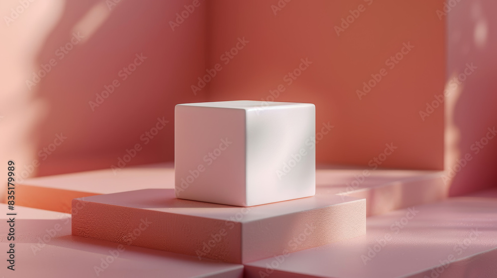 A white cube is sitting on a pink platform A white cube is sitting on a pink platform