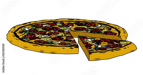 Large round pizza with cut off part. Vintage engraving stylized line drawing. Vector illustration