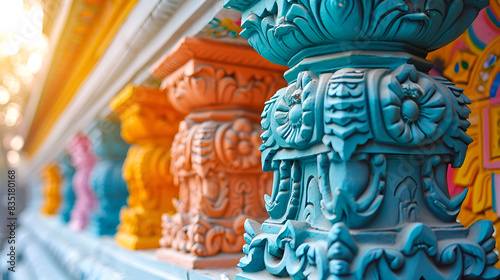 Vibrantly colored pillars in a temple, featuring intricate patterns and designs, photo