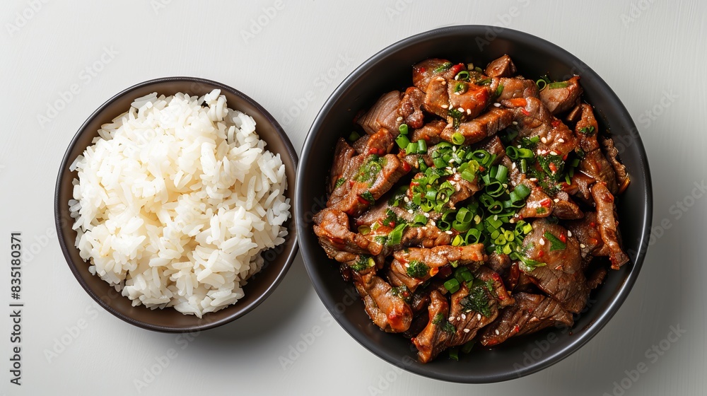 Top view of a bowl of basmati rice beside a bowl of spicy beef curry, isolated background, studio lighting Top view of a bowl of basmati rice beside a bowl of spicy beef curry, isolated background, studio lighting