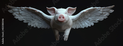 A solitary pig, porcine aviator, its wings unfurled with effortless grace, defying gravity and captivating the viewer's imagination. photo