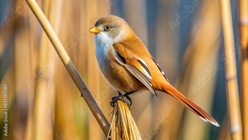 Female bearded reedling perched on twine between two reed stalks, bearded reedling, Panurus biarmicus, bird, female, perched, twine, reed, stalks, wildlife, nature, feathered, colorful, unique