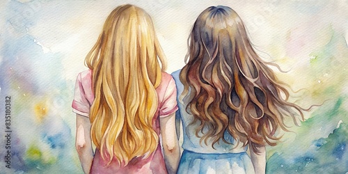 Watercolor of two best friend girls with long hair standing side by side, seen from the back, friendship, childhood, bond, girlfriends, watercolor,long hair, best friends, companionship photo