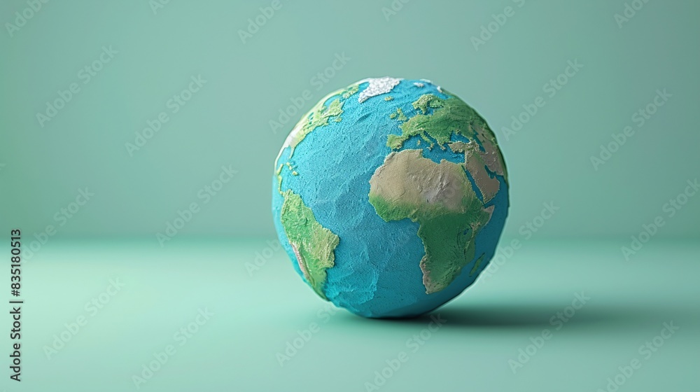 High-quality image of a detailed, textured globe against a soft green gradient background, representing global views and international geography. 3D Illustration.