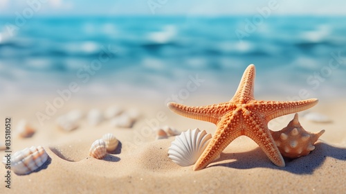 A Sandy Beach with a Starfish and Shells by the Ocean Waves