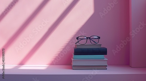 Literary Calm: Books and Eyeglasses Under Soft Pink Shadows