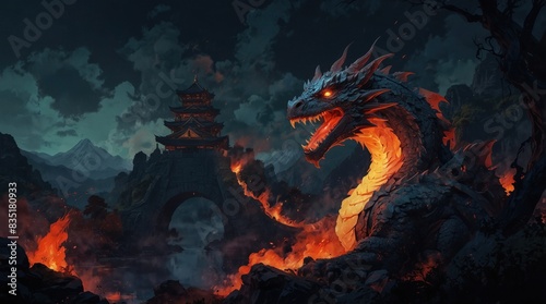 Game art dragon watching over an asian village photo