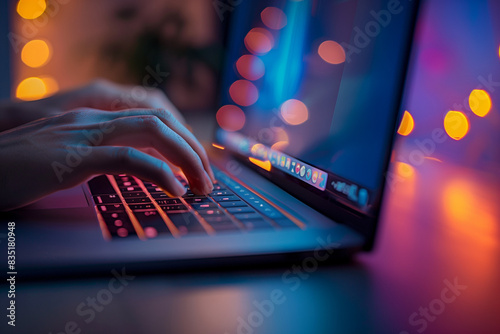 Detailed view of a laptop keyboard with hands typing, illuminated by the soft glow of the screen, capturing the intricacies of the keys and the modern, high-tech feel