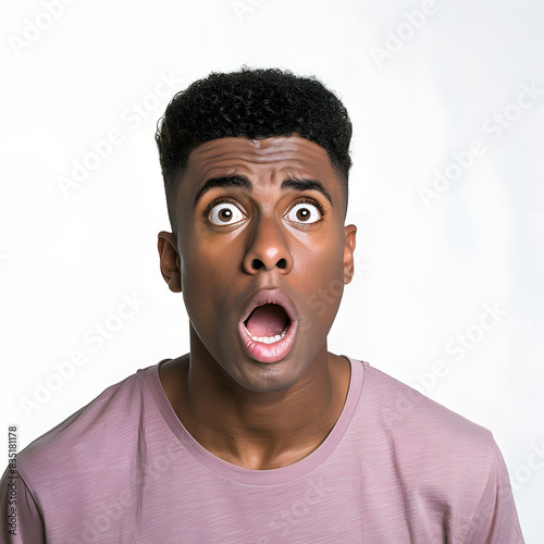 A man with a surprised expression on his face isolated on white background, professional photography, png  © Anton