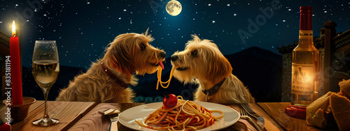 Under a starry sky and crescent moon, two romantically involved dogs lean in close, as they share a plate of spaghetti at a cozy outdoor trattoria.