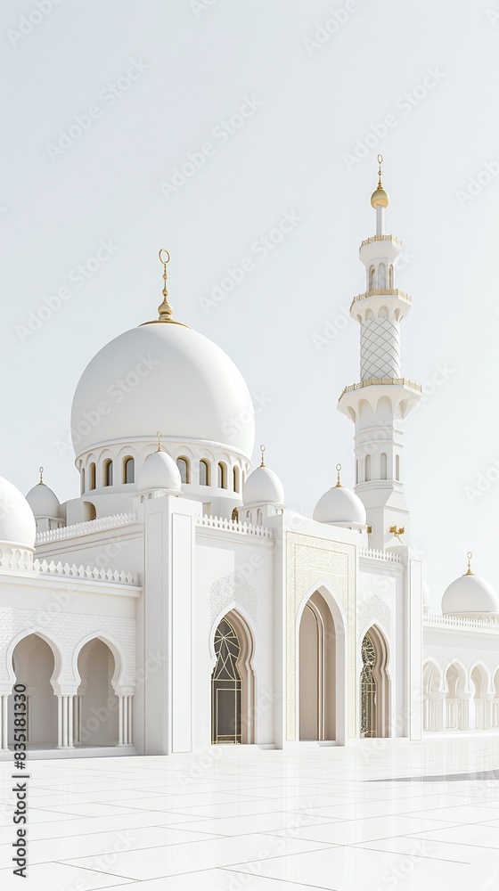 Vertical Image Of A White Mosque Isolated On A White Background.