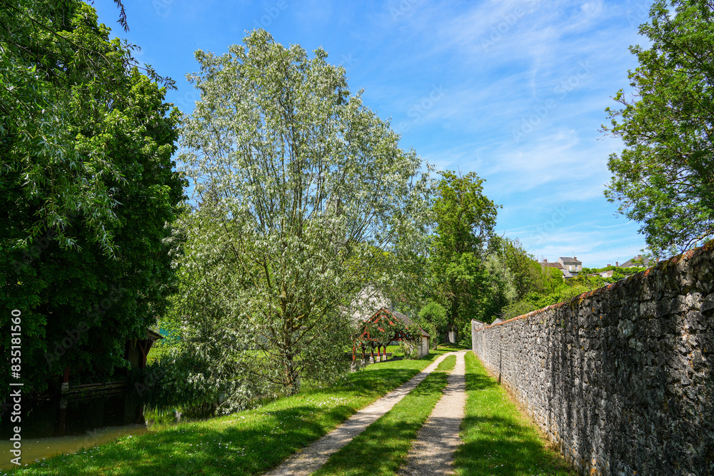 Cycling route EuroVelo 3 (Scandibérique) in the Tabarderie Park of Château-Landon, a rural village of the Gâtinais in the French department of Seine-et-Marne, Paris Region, France Cycling route EuroVelo 3 (Scandibérique) in the Tabarderie Park of Château-Landon, a rural village of the Gâtinais in the French department of Seine-et-Marne, Paris Region, France