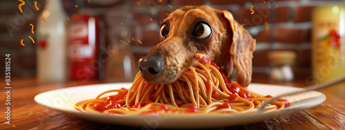 Close-up of guilty looking wide-eyed dog as it consumes a plate of pasta with tomato sauce. photo