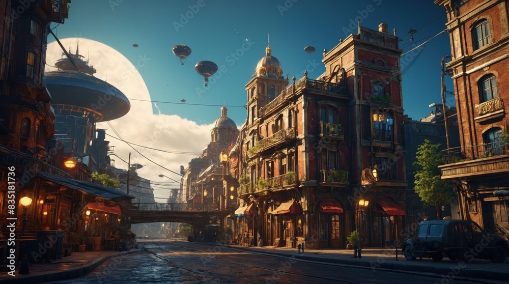 Fototapeta premium Beautiful fantasy game illustration showing a panoramic view of a steampunk town