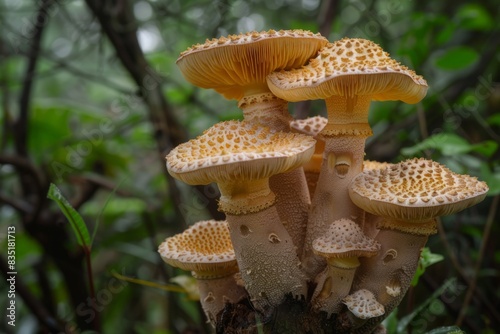 Cluster of wild mushrooms growing in a forest. Close-up macro shot. Nature and fungi concept. Generative AI