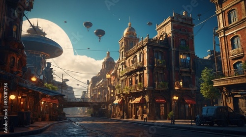 Beautiful fantasy game illustration showing a panoramic view of a steampunk town