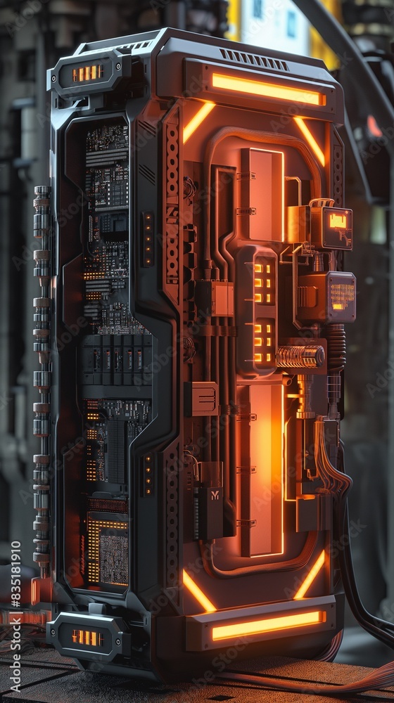 Vertical image of a computer motherboard with a graphic processing unit ...