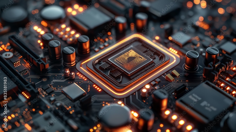 Fototapeta premium A computer motherboard with a graphic processing unit (GPU) installed in its socket.