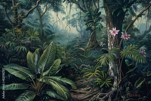 Illustration of a lush tropical rainforest with large leaves and pink flowers. Nature and botanical art concept. Generative AI