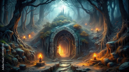 Mystical entrance to the Underworld surrounded by dark, eerie atmosphere, mythical, underworld, entrance, dark, eerie, mystical, gate, ancient, fantasy, mysterious, spooky, supernatural, ruins photo