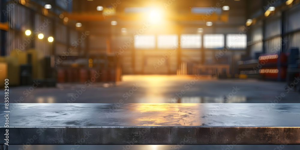 Matte steel table with a focused spotlight, against a blurred background of an industrial warehouse, suitable for heavy-duty tools or industrial equipment