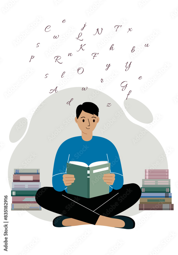 A man sits cross-legged and reads a book, there are many books around him. Vector flat illustration