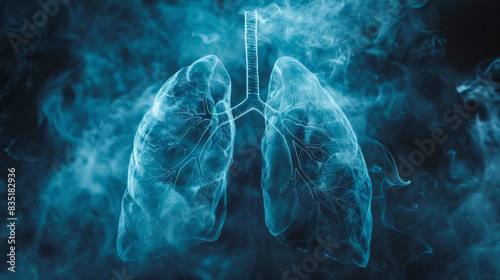 A digital illustration of human lungs surrounded by swirling smoke, representing the effects of smoking on respiratory health. photo