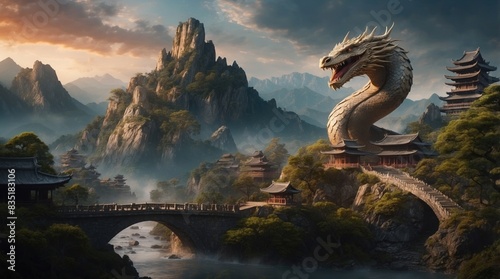Game art dragon watching over an asian village photo