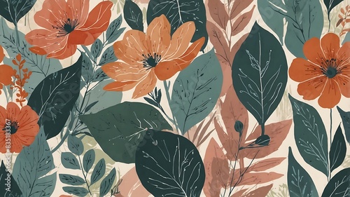 Floral background, tropical leaves with soft colors, inviting, aesthetic	, ai generative