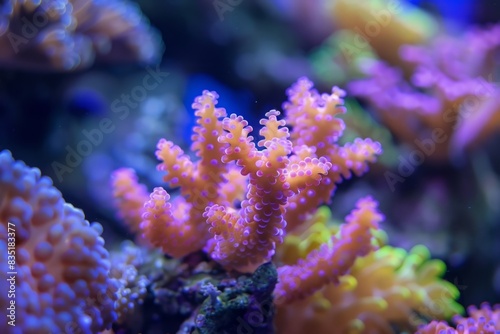 Close-up view of colorful coral in an aquarium. Macro photography with a vibrant background. Marine life and underwater concept for design and print. Generative AI