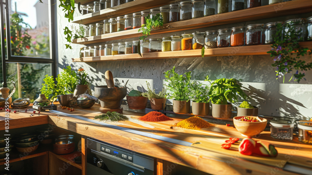 A sunlit kitchen with jars of spices on shelves, fresh herbs in pots, and various ingredients on the wooden countertop, creating a cozy and vibrant atmosphere.