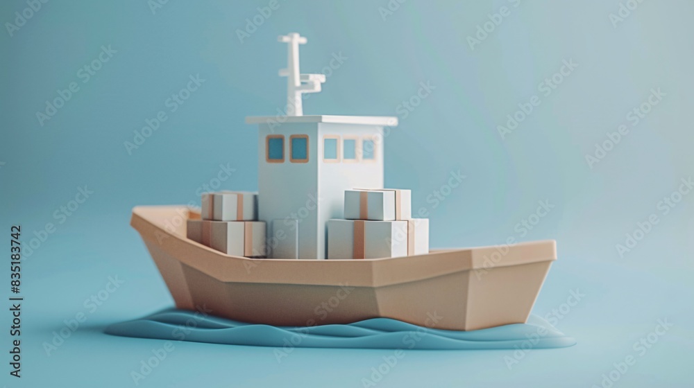 Minimalist illustration of a shipping boat on the sea, carrying stacked cargo boxes under a clear sky, highlighting nautical themes. 3D Illustration. Minimalist illustration of a shipping boat on the sea, carrying stacked cargo boxes under a clear sky, highlighting nautical themes. 3D Illustration.