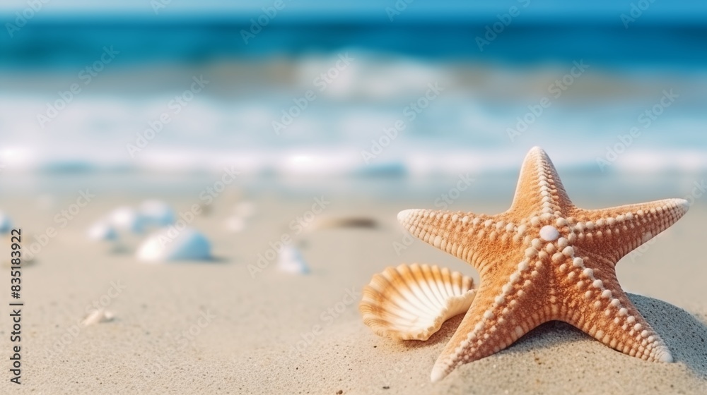 Starfish Resting on Sandy Shore Near Seashells with Ocean Waves in Background Starfish Resting on Sandy Shore Near Seashells with Ocean Waves in Background